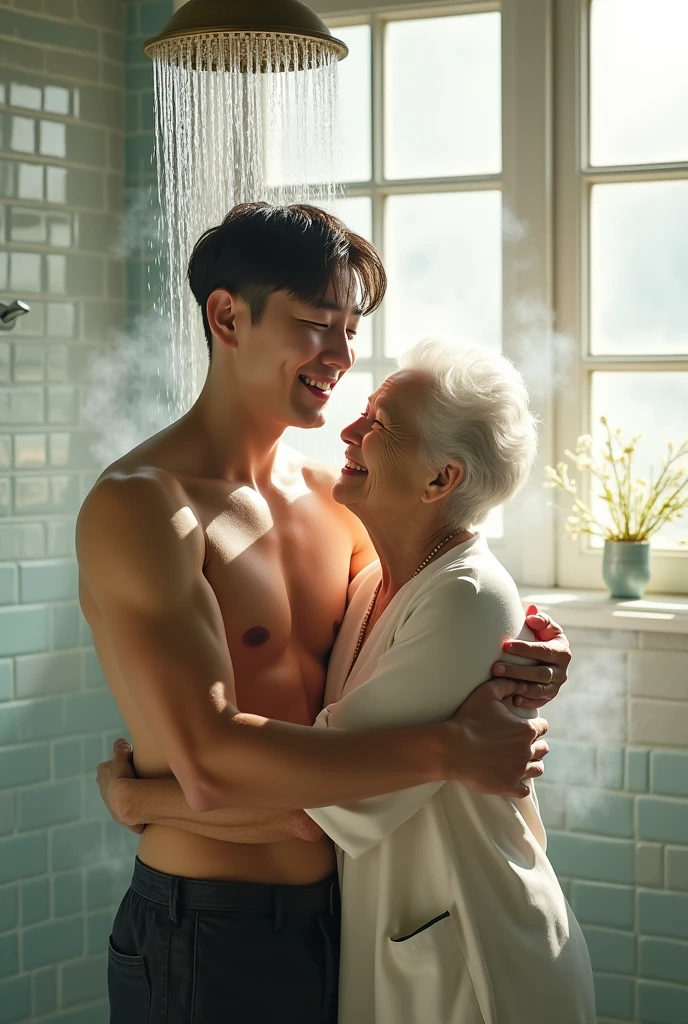 A Korean man with a six-pack abs takes a shower naked and hugs his grandmother.
