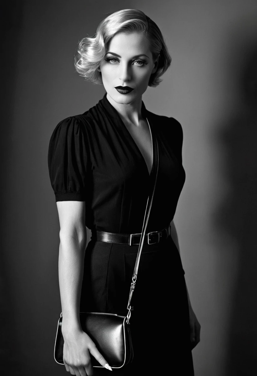 In Berlin, a beautiful woman in her forties in the decadent Weimar Republic era of 1920s Germany, androgynous, with small breasts, perfect makeup, short blonde hair slicked back, she raised her face. making her purse her lips and pout. and seduces with a lascivious look. Small wrinkles are slightly noticeable, the camera captures her whole body, in a photo Noir style, monochrome with heavy shadows, focus on her beautiful face, professional lighting, and camera.