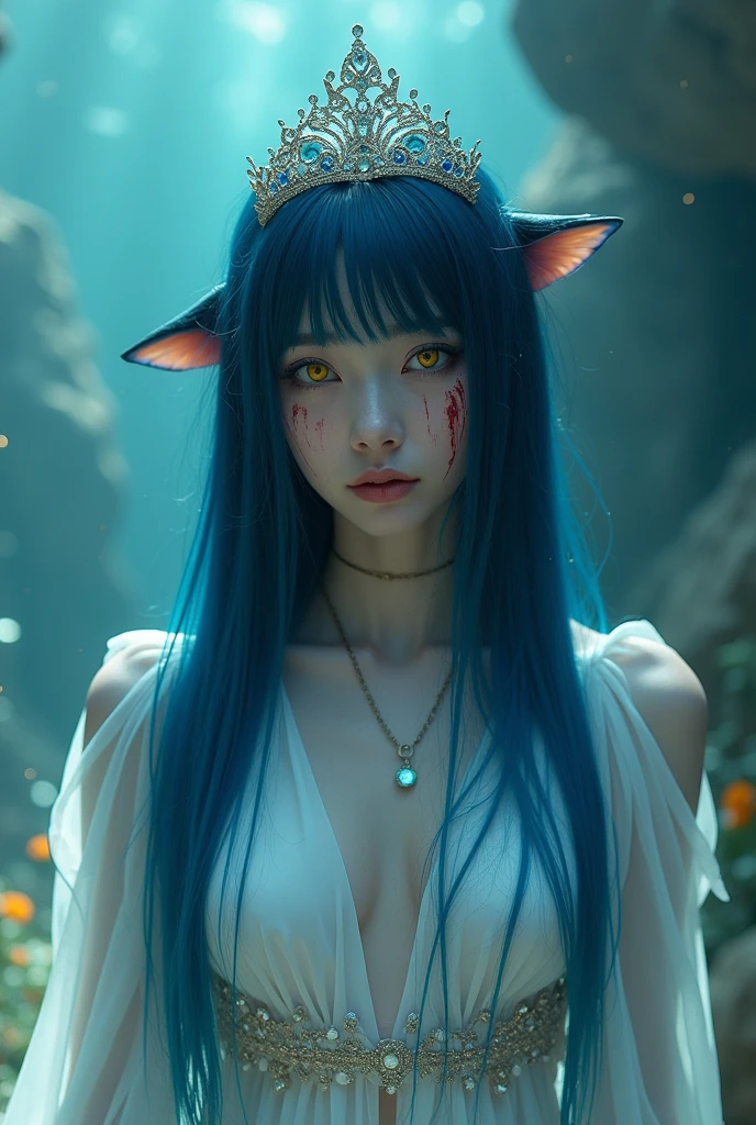 a woman with light blue skin and yellow eyes, straight, dark blue hair, fish ears, a small princess tiara , a blue pendant necklace, white translucent clothing, traumatized look and bloody face