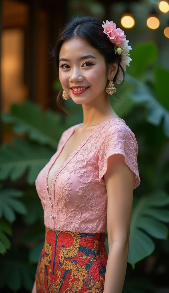 An Indonesian woman in a pink lace kebaya and a batik pencil skirt., Updo hairstyle with flowers, facing camera