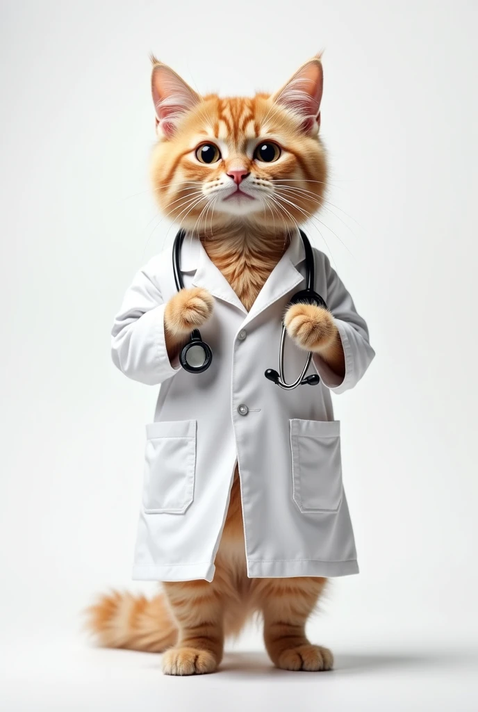 Male Cat standing on two feet wearing doctor's rob and Stethoscope with naughty expression with no background