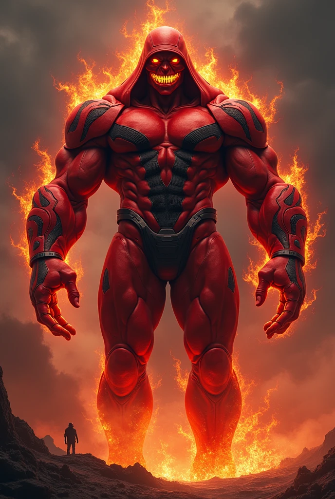 Male, giant, muscular, red skin, glowing eyes, shark-like teeth, red hood, red power armor with black accents, black pants, lantern symbol, red forearms and boots, fire aura