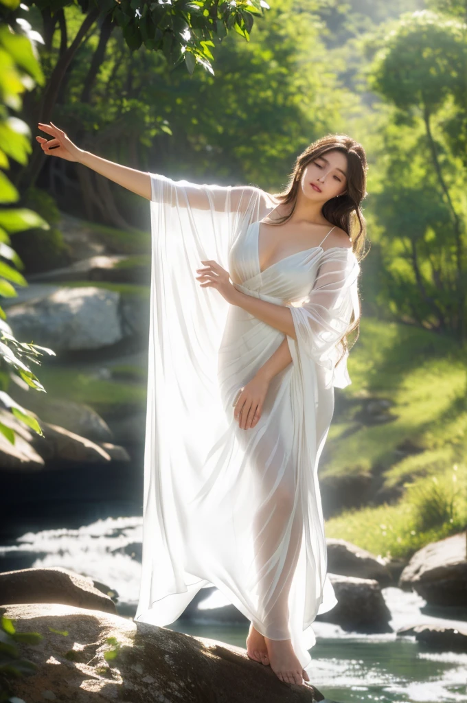 There is a woman in a white dress standing on the rock, Wearing a semi-transparent sheet, elegant dress, flowing white robe, wearing a white elegant dress, Cover with a transparent cloth, Silk fluttering in the wind, Flowing , wearing a elegant dress, Flowing white dress, flowy fabric, Maggie, flowing robe, Wearing a flowing long fabric, Endless flowing flowing curtains