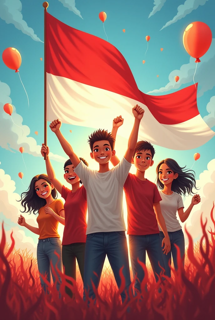 An inspiring illustration celebrating the Independence Day of the Republic of Indonesia. The scene shows a diverse group of people proudly holding and waving the Indonesian flag, with expressions full of passion and determination. Five people stand facing forward, directly engaging the viewer, embodying the spirit of unity and the enduring struggle for freedom. The composition emphasizes their faces, reflecting the pride and energy of a nation united in celebration."