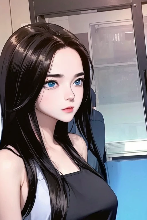 Best quality at best,,Reslisticstyle, (girl 15 years old), Colossal tits:1.5, shin yuna, black hair, (Long Straight hair), eyelids, (blue eyes), Cute Face, (Sexy Slit Dress), sexy body