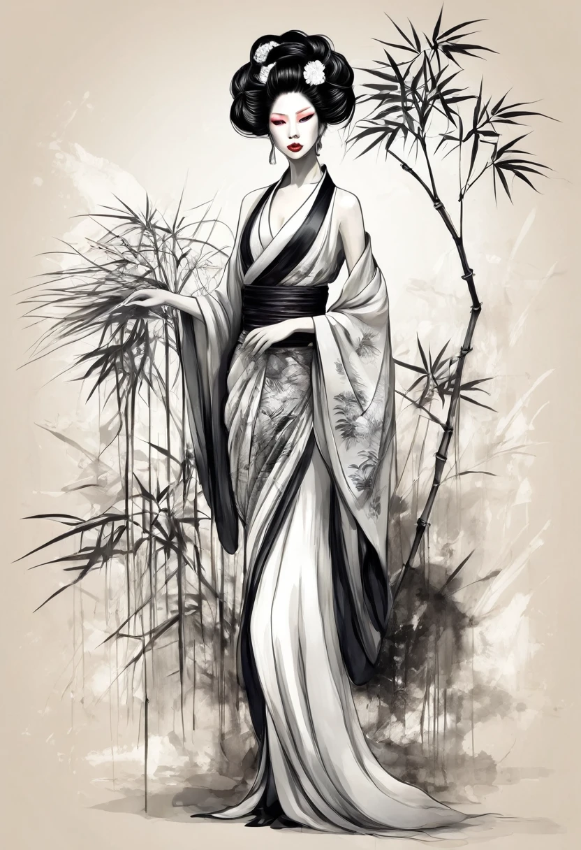 Beautiful sexy Lady Gaga beautiful avant garde style full length beautiful clothes accessories wig exotic posing professional fashion editorial background white black garments japonisme contemporary geisha bamboo branch ikebana chalk sketch on paper hand drawn 
