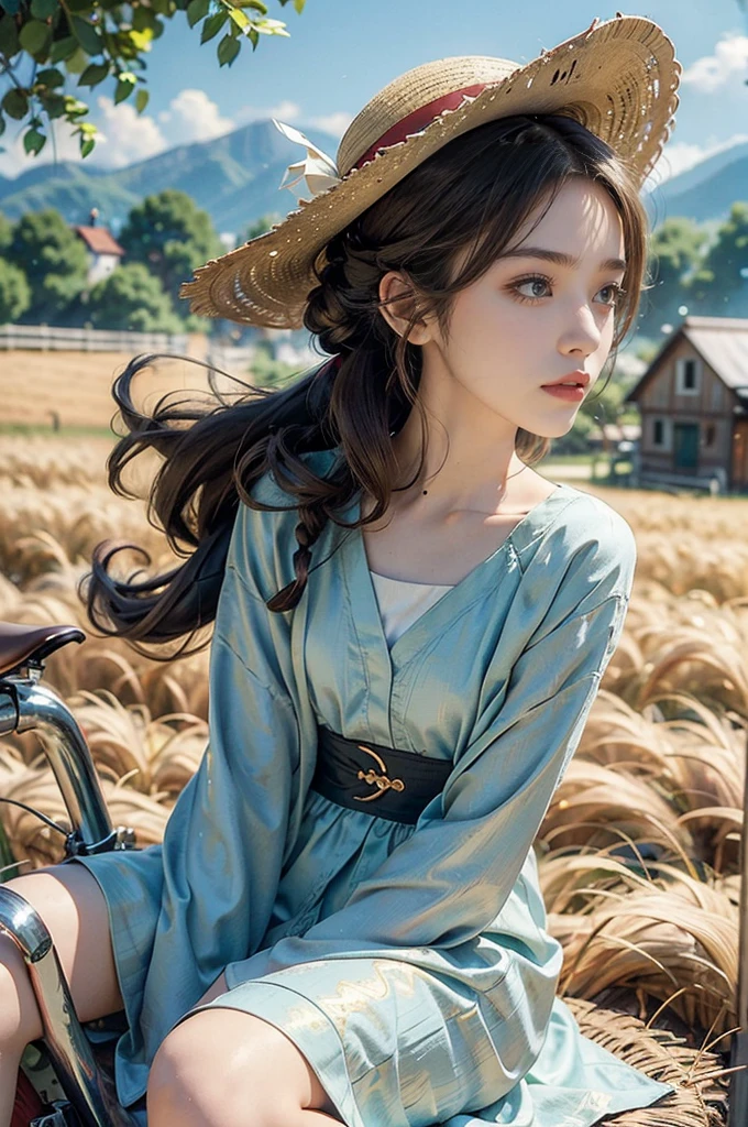 (((best quality))),(((ultra detailed))),(((masterpiece))),illustration, girl cycling down a country road, sun beating down, warm glow,a beautiful young girl, light blue sundress, flowing gracefully,short ponytail, wide-brimmed straw hat, protected from sunlight, fair skin, bright green eyes, lush greenery, calm and serene face, effortless cycling,(riding on a vintage bike:1.3), shiny chain, bright red tires, well-cared-for, narrow winding road, lush green grass, cornfields, golden cornstalks, gentle breeze, sweet scent of corn, sound of birds chirping, small village, white-washed houses, red-tiled roofs, smoke from chimneys, relaxing, peacefulness of the countryside, summer's day, tranquility,