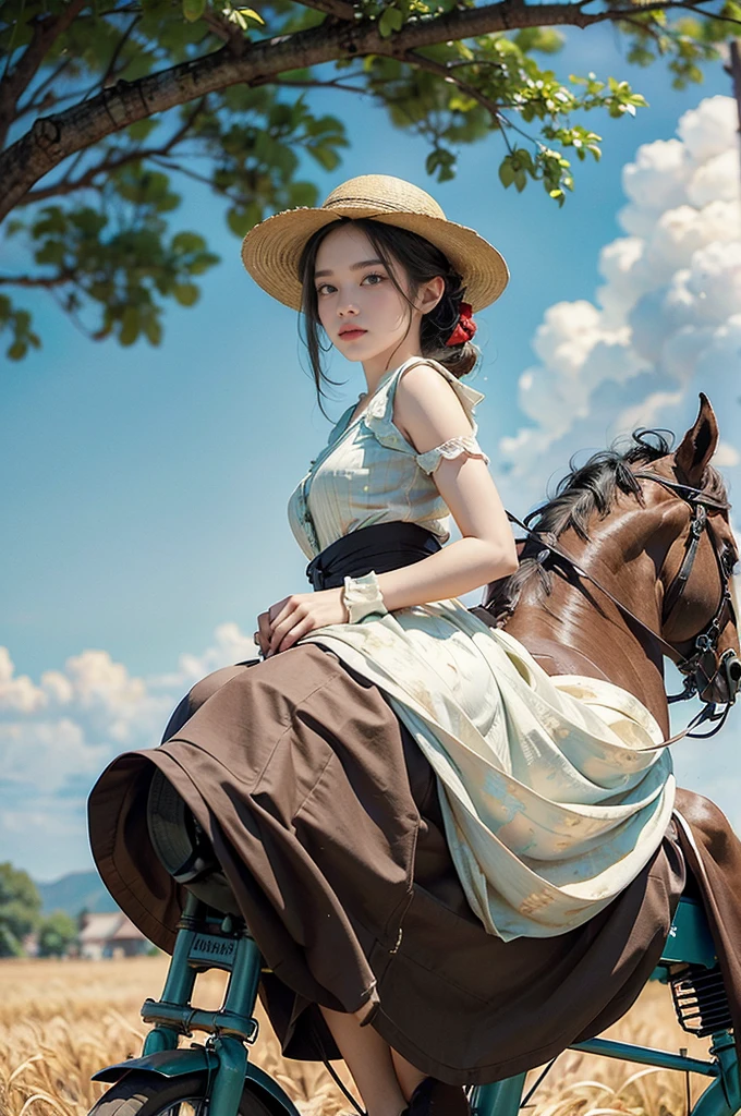 (((best quality))),(((ultra detailed))),(((masterpiece))),illustration, girl cycling down a country road, sun beating down, warm glow,a beautiful young girl, light blue sundress, flowing gracefully,short ponytail, wide-brimmed straw hat, protected from sunlight, fair skin, bright green eyes, lush greenery, calm and serene face, effortless cycling,(riding on a vintage bike:1.3), shiny chain, bright red tires, well-cared-for, narrow winding road, lush green grass, cornfields, golden cornstalks, gentle breeze, sweet scent of corn, sound of birds chirping, small village, white-washed houses, red-tiled roofs, smoke from chimneys, relaxing, peacefulness of the countryside, summer's day, tranquility,