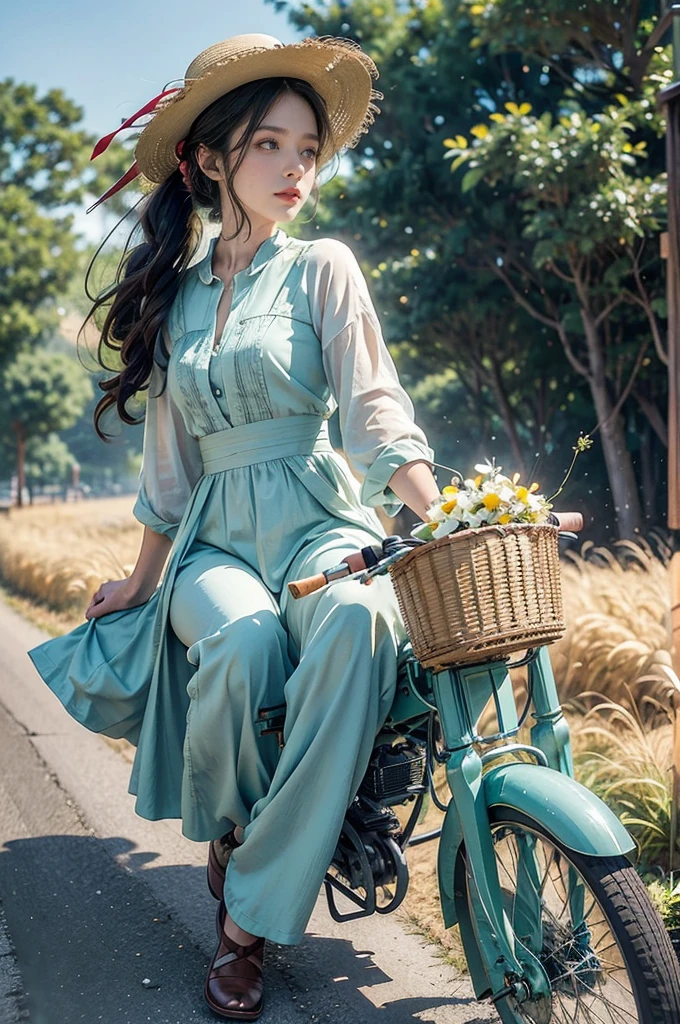 (((best quality))),(((ultra detailed))),(((masterpiece))),illustration, girl cycling down a country road, sun beating down, warm glow,a beautiful young girl, light blue sundress, flowing gracefully,short ponytail, wide-brimmed straw hat, protected from sunlight, fair skin, bright green eyes, lush greenery, calm and serene face, effortless cycling,(riding on a vintage bike:1.3), shiny chain, bright red tires, well-cared-for, narrow winding road, lush green grass, cornfields, golden cornstalks, gentle breeze, sweet scent of corn, sound of birds chirping, small village, white-washed houses, red-tiled roofs, smoke from chimneys, relaxing, peacefulness of the countryside, summer's day, tranquility,