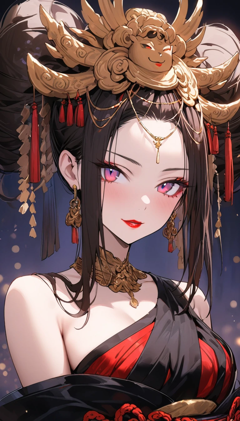 masterpiece, Highest quality, One person, alone, 軽い笑face, Portraiture, Upper Body, View your viewers, Red lips, [:edg oiran_compensate,edg oiran_Hairstyle,perfect edg oiran_face::0.5], beautiful edg oiran_woman, [kimono|dress], (Wear evening gown:1.25),