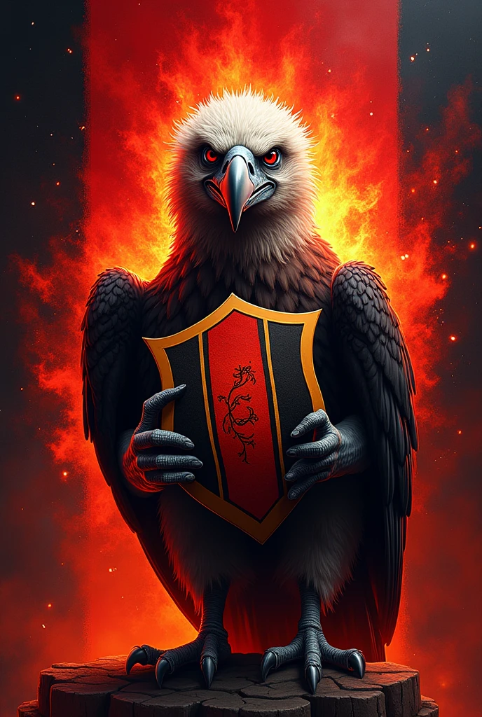 Flag of the Flamengo football club with red and black stripes and with exuberant lights, with an image of a fierce vulture holding the traditional shield of the Flamengo team in its beak and shouting the phrase in Portuguese Flamengo is race, Love and passion!!. drawing with realistic strokes. same image without the shield