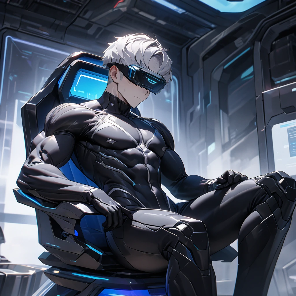 masterpiece, best quality, 8K, ultra res, extremely detailed,, Hero undergoes a futuristic mind control treatment. He's seated in a mechanical chair, a sleek black visor covering his eyes. His expression is emotionless. The 30-year-old man, muscular and wild, sports a silver hair with a very short haircut. His lower face and body are covered by a skin-tight, all-black suit. The lab around him is futuristic.