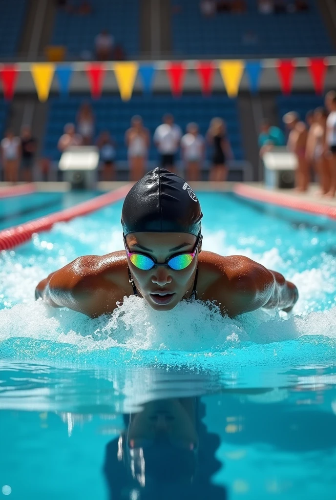 Black woman swimming in an Olympic pool wearing a swim cap and goggles