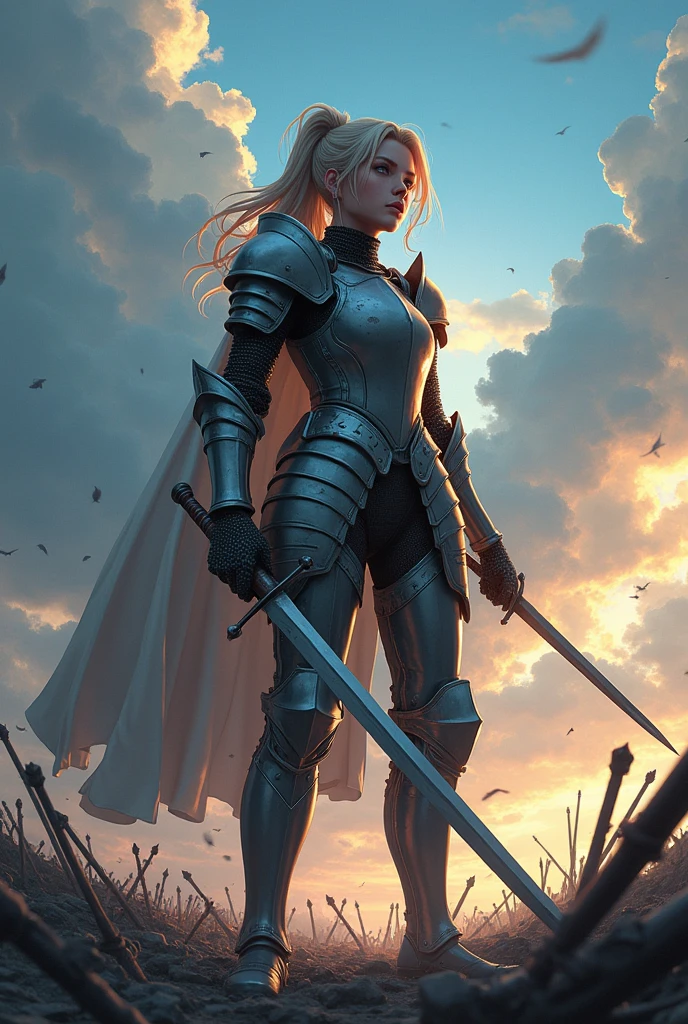 Create an image of a female knight who, after an intense battle, looks up at the cloudy sky, her body riddled with swords., arrows and spears piercing through and it's a mortal wound, Draw in anime style
