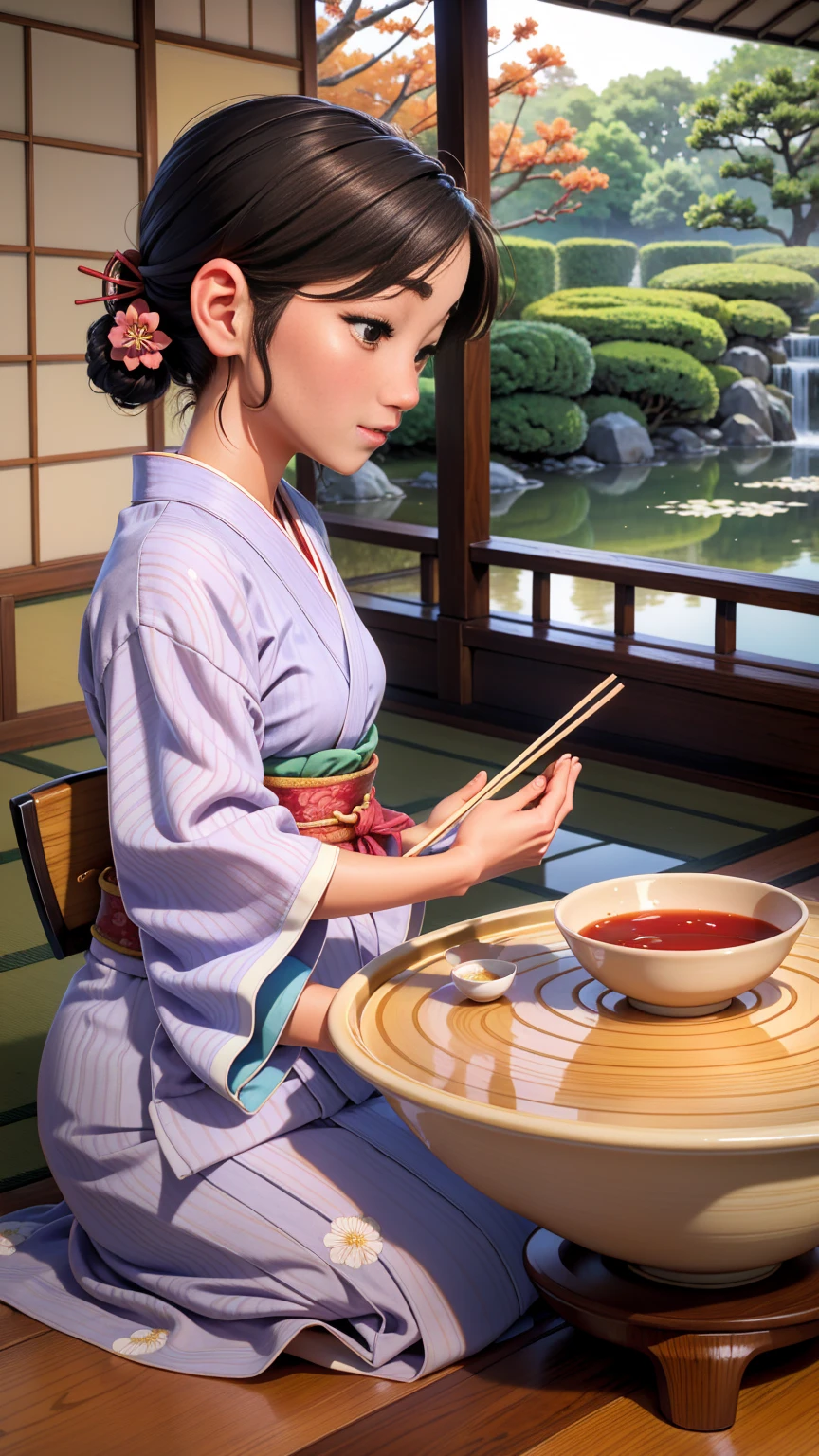 a woman wearing a yukata (traditional Japanese summer kimono) and eating somen noodles. The woman is seated on a traditional Japanese veranda (engawa), holding a very small, delicate bowl with chopsticks, dipping the noodles into an even smaller dipping sauce bowl. A larger bowl filled with somen noodles is placed on the floor beside her. The scene is peaceful and serene, with a beautiful Japanese garden in the background, featuring lush greenery, flowers, and a calm pond. The overall atmosphere reflects a tranquil summer day in Japan.
コピーする