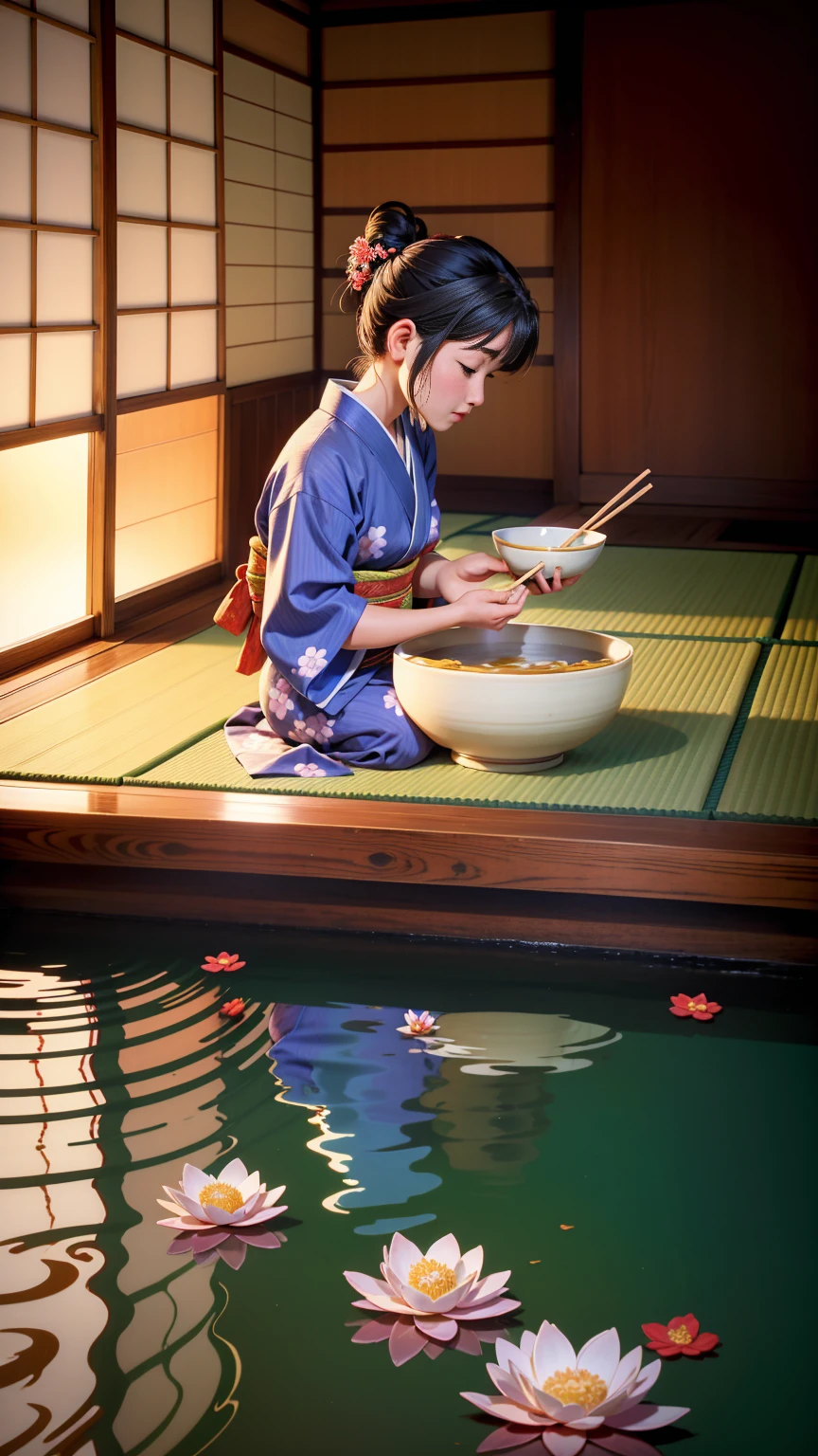 a woman wearing a yukata (traditional Japanese summer kimono) and eating somen noodles. The woman is seated on a traditional Japanese veranda (engawa), holding a very small, delicate bowl with chopsticks, dipping the noodles into an even smaller dipping sauce bowl. A larger bowl filled with somen noodles is placed on the floor beside her. The scene is peaceful and serene, with a beautiful Japanese garden in the background, featuring lush greenery, flowers, and a calm pond. The overall atmosphere reflects a tranquil summer day in Japan.
コピーする