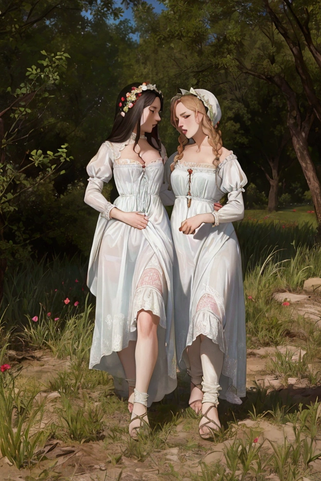 Two poor peasant women, both dressed in costumes revealing their breasts and pubes, in an intense moment of lesbian seduction, in a flowery field, circa the 18th century.