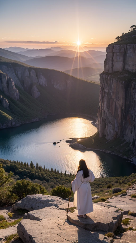 Create a cinematic-quality image with advanced levels of detail, depicting Moses standing alone at the top of a majestic mountain. The scene should be set at twilight, with the sky painted in deep purples and oranges as the sun sets in the distance. Moses, clad in traditional robes and holding his iconic staff, stands at the edge of a rocky cliff, overlooking a vast, barren landscape below. His figure is illuminated by the fading sunlight, casting long shadows across the rugged terrain.
The mountain itself is imposing, with jagged rocks and steep cliffs, symbolizing the solitude and gravity of Moses’ position. The wind gently tugs at his robes and beard, adding a sense of movement and isolation. The atmosphere is one of contemplation and reverence, with intricate details in the texture of the rocks, the folds of Moses' clothing, and the distant horizon. The overall mood should evoke a sense of solitude, reflection, and the weight of leadership, capturing the solemn moment of Moses on the mountaintop.