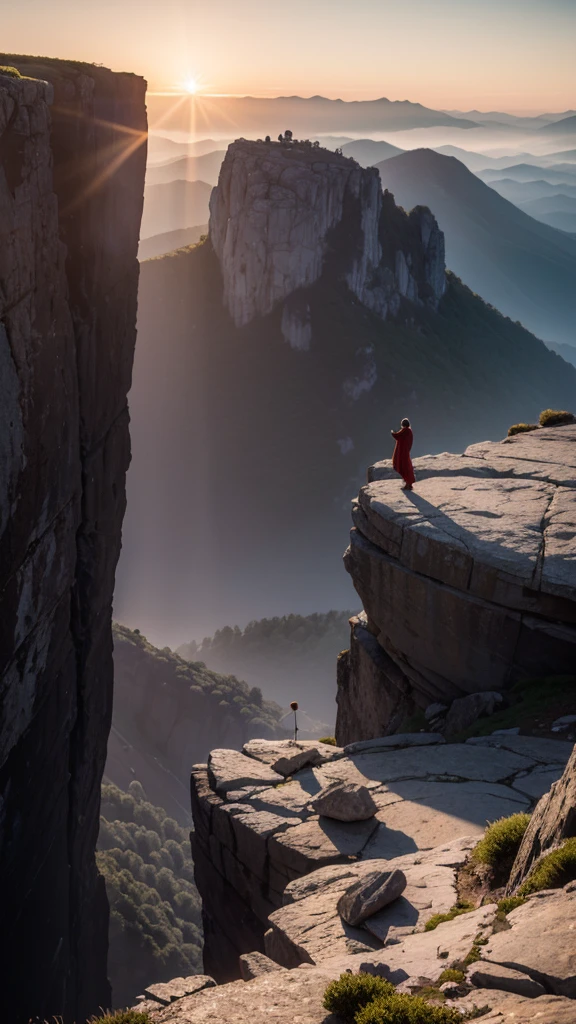 Create a cinematic-quality image with advanced levels of detail, depicting Moses standing alone at the top of a majestic mountain. The scene should be set at twilight, with the sky painted in deep purples and oranges as the sun sets in the distance. Moses, clad in traditional robes and holding his iconic staff, stands at the edge of a rocky cliff, overlooking a vast, barren landscape below. His figure is illuminated by the fading sunlight, casting long shadows across the rugged terrain.
The mountain itself is imposing, with jagged rocks and steep cliffs, symbolizing the solitude and gravity of Moses’ position. The wind gently tugs at his robes and beard, adding a sense of movement and isolation. The atmosphere is one of contemplation and reverence, with intricate details in the texture of the rocks, the folds of Moses' clothing, and the distant horizon. The overall mood should evoke a sense of solitude, reflection, and the weight of leadership, capturing the solemn moment of Moses on the mountaintop.