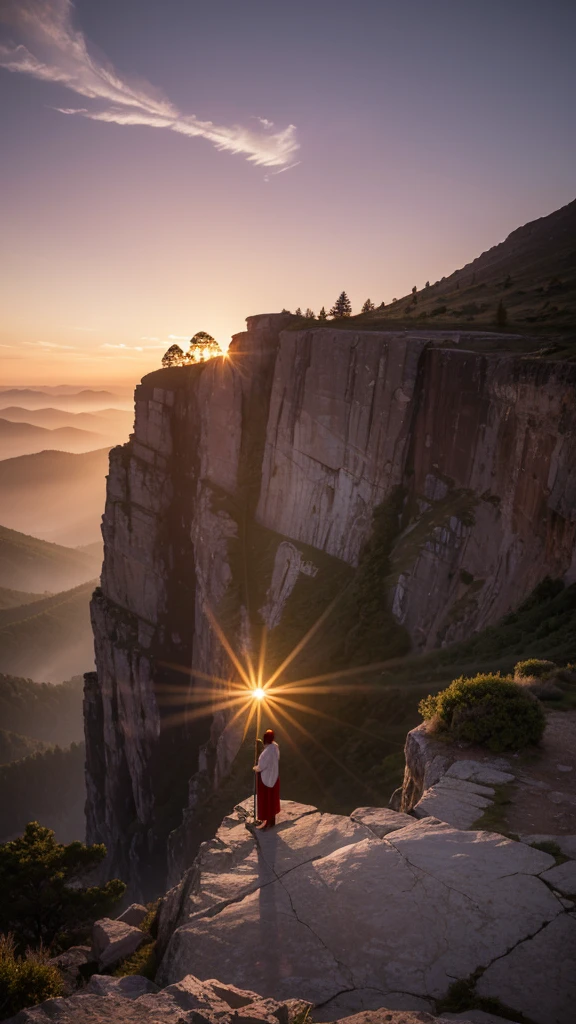 Create a cinematic-quality image with advanced levels of detail, depicting Moses standing alone at the top of a majestic mountain. The scene should be set at twilight, with the sky painted in deep purples and oranges as the sun sets in the distance. Moses, clad in traditional robes and holding his iconic staff, stands at the edge of a rocky cliff, overlooking a vast, barren landscape below. His figure is illuminated by the fading sunlight, casting long shadows across the rugged terrain.
The mountain itself is imposing, with jagged rocks and steep cliffs, symbolizing the solitude and gravity of Moses’ position. The wind gently tugs at his robes and beard, adding a sense of movement and isolation. The atmosphere is one of contemplation and reverence, with intricate details in the texture of the rocks, the folds of Moses' clothing, and the distant horizon. The overall mood should evoke a sense of solitude, reflection, and the weight of leadership, capturing the solemn moment of Moses on the mountaintop.
