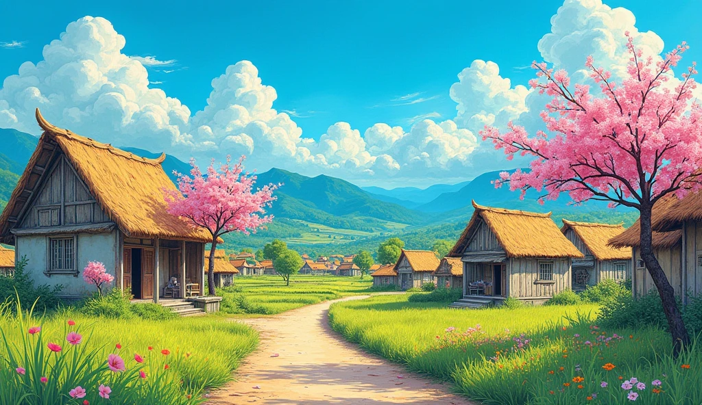 a drawing of Vietnames village, in the style of m.w. kaluta, psychadelic, david brayne, lasar segall, realist detail, young british artists (ybas), playful coloration, rough stroke, bold, with Vietnamese peach blossom small tree