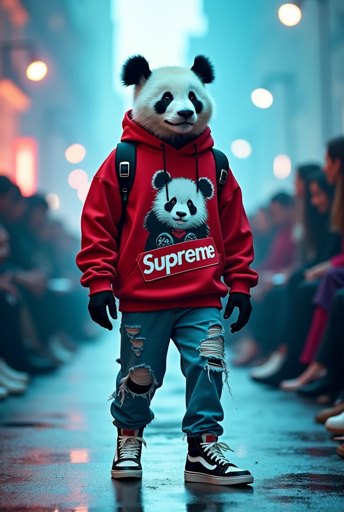 Panda Variety: Streetwear Panda ,Outfit Description: Sporting a Supreme hoodie, ripped jeans, and high-top sneakers. ,Style Theme: Urban, Edgy ,Brand Inspiration: Supreme "high-end design style, Paris Fashion Show,Macaron light blue series,Perfect color matching,high-end feel,Long Shot,Full body,Dynamic capture of runway shows,16K --chaos 40 --ar 9:16 --stylize 750
16K chaos, dynamic capture, Fashion runway, high-end design style, macaron light blue series, Paris Fashion Show, v 6 "