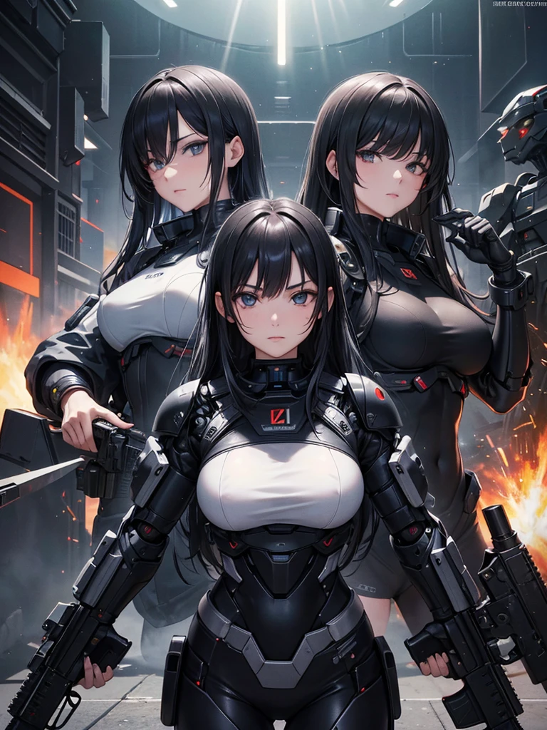 (16K,Ultra-high resolution,Highest quality,masterpiece,Super detailed,Perfect lighting),RAW Photos,Highly detailed facial features, Perfect Face, Perfect Eyes,Two Japanese female undercover agents fighting with black assault rifles,Furnaces,A dark space filled with sparks,Long black hair,Dark Eyes,cyborg,Transform the human world,Human body modification,Right eye is prosthetic,protector,Countless hostile robots