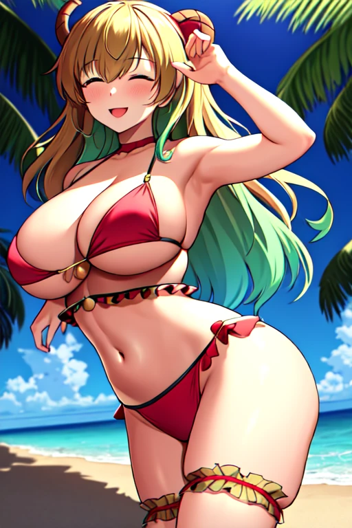 masterpiece, best quality, beautiful art, high resolution, well formed hands, body and fingers, 1 woman, solo, Lucoa, 31 years old, grown up, arabian belly dancer, adult, large and round breasted, cleavage, hair ribbon, full body, sexy and skimpy arabian belly dancer outfit, wearing a Mata Hari outfit, mata_hari_cosplay, gorgeous legs and thighs , dancing seductively and erotically, turning backwards and forwards, showing her back and front, shaking her body, bikini thong, smiling joyfully, looking at the viewer, flirting, beach environment