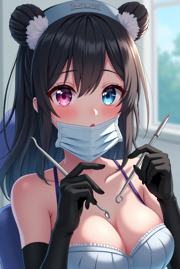 Nsfw. Naked Anime dentist nurse horny girl, with long black latex gloves, mask, instruments,