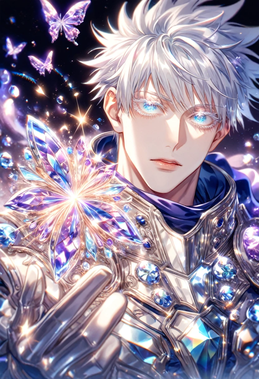 absurdres, highres, ultra detailed, HDR) master piece, best quality, extremely detailed, delicated features, Gojou Satoru, white hair, expressive blue eyes, white eyelashes, Jujutsu Kaisen, solo, sexy man, handsome, sensual, blue cape, white armor, knight, white gauntlets, fantasy, magical, glittering, shining, purple flames, purple moon, purple flowers, purple butterflies, AddDetailedEyes_XL, Addcrystal light XL, AddCrystal Glass Style [SDXL]