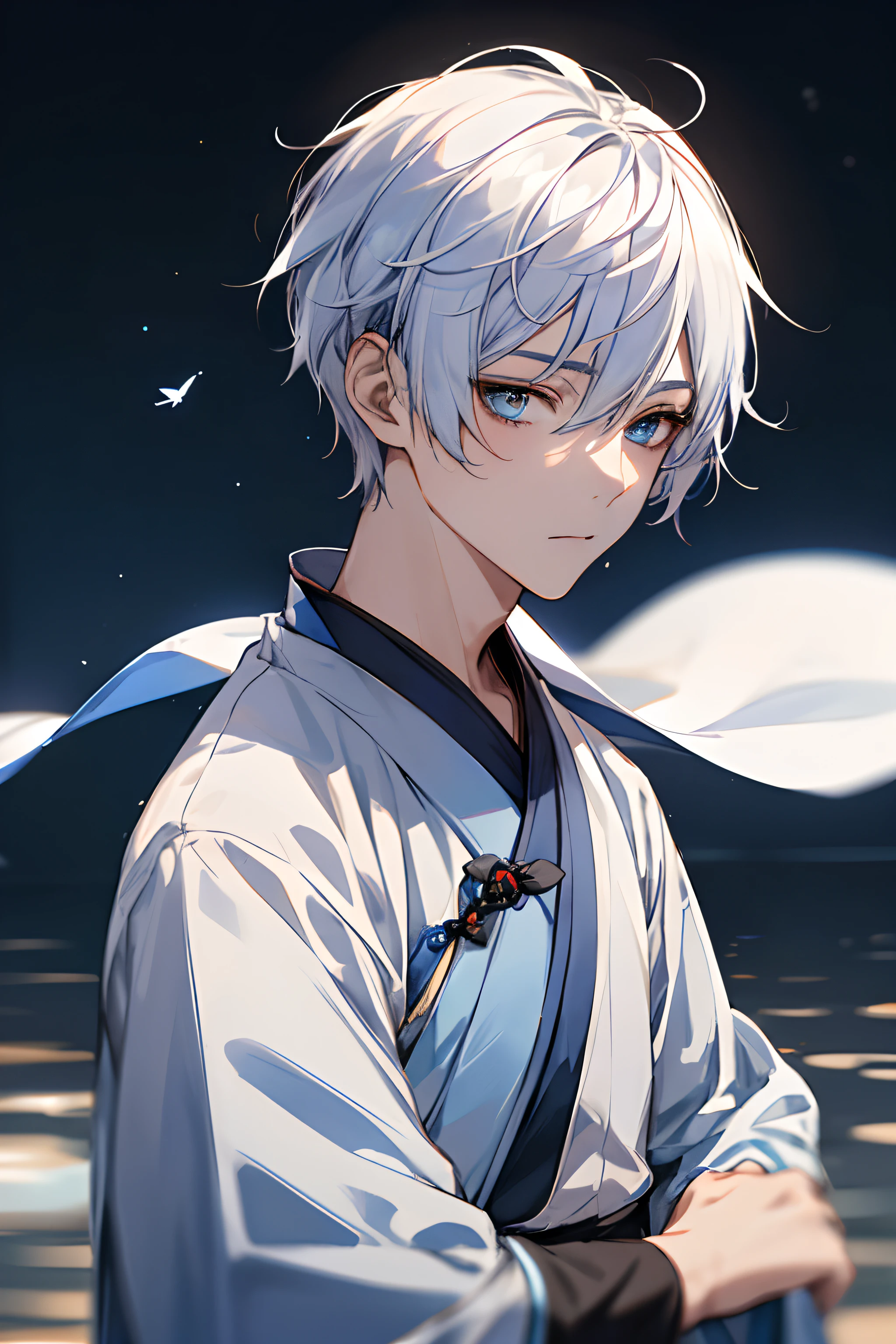 1 chico, facial focus, adult, Hanfu, short, bluish white hair,calm face , lazy eye, short but dense hair, hair finely tied behind the back, Hanfu negro, Best Quality, Hiring, detailed face, nature background, detailed background, diffuse sunlight, depth of field, bokeh, butterfly in the hair, Camera focus on face, (head to shoulders), Bright blue lake, Midnight, a sky full of stars, Dark Sky, adolescent, blue eye and one red eye,
