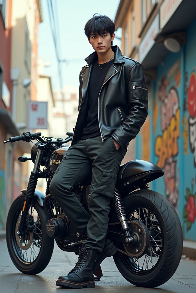 manga man
height 190
thin muscle
hair textured bowl cut
Slender eyes
korea fashion style clothes
no make up
long legs
motorcycle clothing