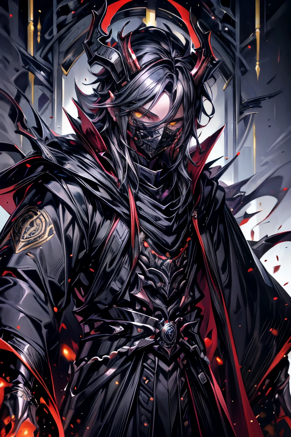 (masterpiece, best quality, perfect face, expressive eyes), 1boy, (male), (adult), (anime). intricate details, silver coronet, silver pauldrons, black robes, black curved horns, red skin, yellow eyes, black hair, black mask,