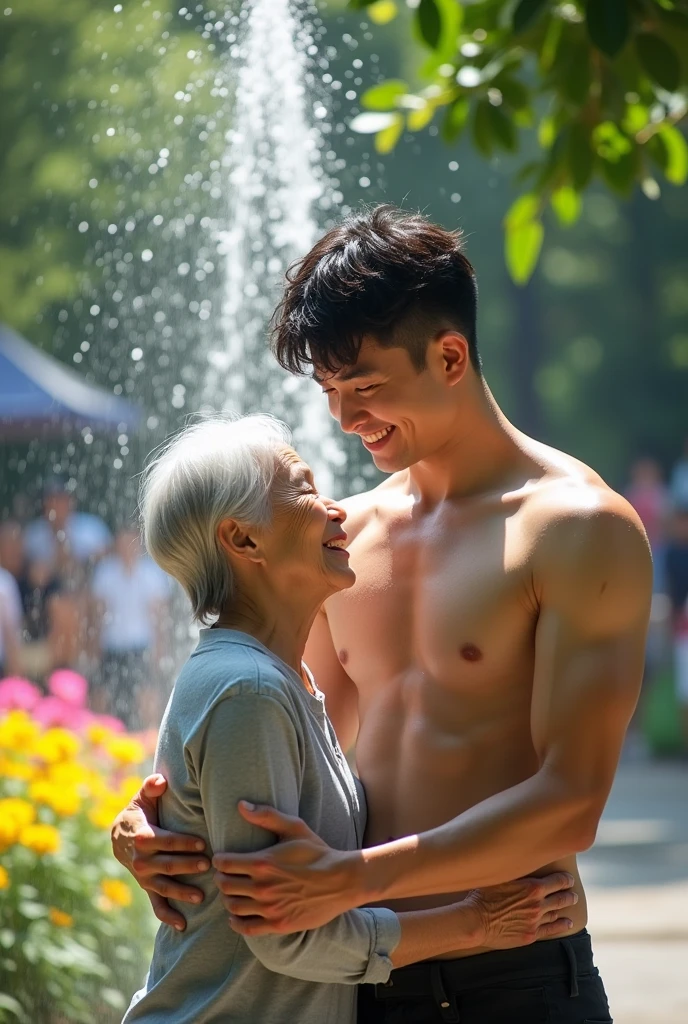 A Korean man with a defined six-pack abs, naked, showering and hugging an elderly woman in public.