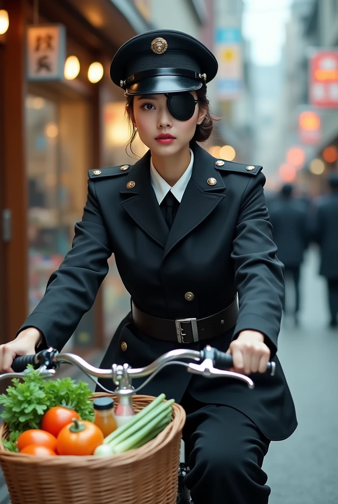 (An eye patch made of black leather on one eye:1.9), A young and very beautiful woman in a black sexy tight military uniform. Very detailed顔の特徴, Thick lips, Beautiful Eyes, Perfect Skin, Ideal body type, military cap, Riding a bicycle with a basket:1.7, In the basket are vegetables, a bottle of juice, and a box of sweets.、Captivating look, In a typical Japanese shopping street, Realistic, 8k, Very detailed, Cinema Lighting, Dramatic Shadows, Cold Tones, 