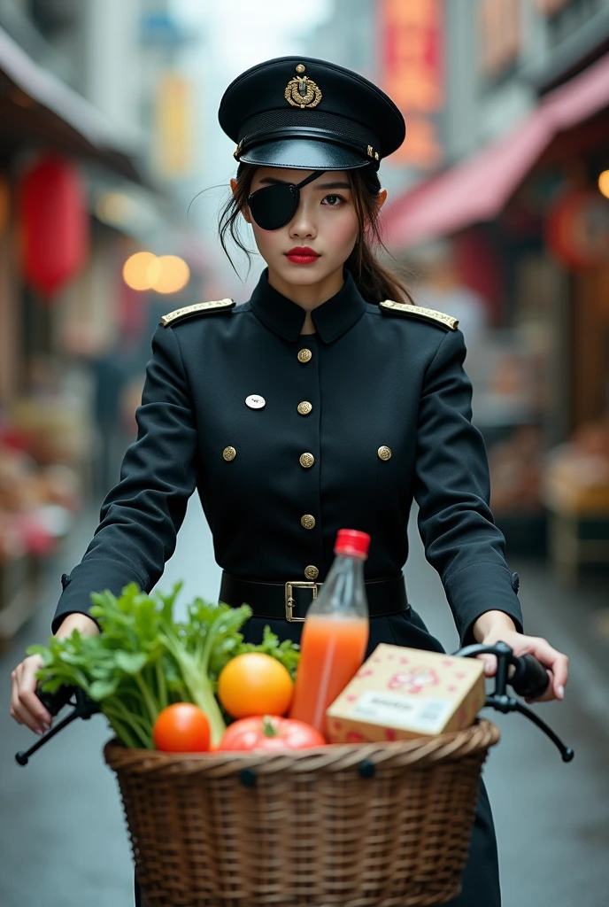 (An eye patch made of black leather on one eye:1.9), A young and very beautiful woman in a black sexy tight military uniform. Very detailed顔の特徴, Thick lips, Beautiful Eyes, Perfect Skin, Ideal body type, military cap, Riding a bicycle with a basket:1.7, In the basket are vegetables, a bottle of juice, and a box of sweets.、Captivating look, In a typical Japanese shopping street, Realistic, 8k, Very detailed, Cinema Lighting, Dramatic Shadows, Cold Tones, 