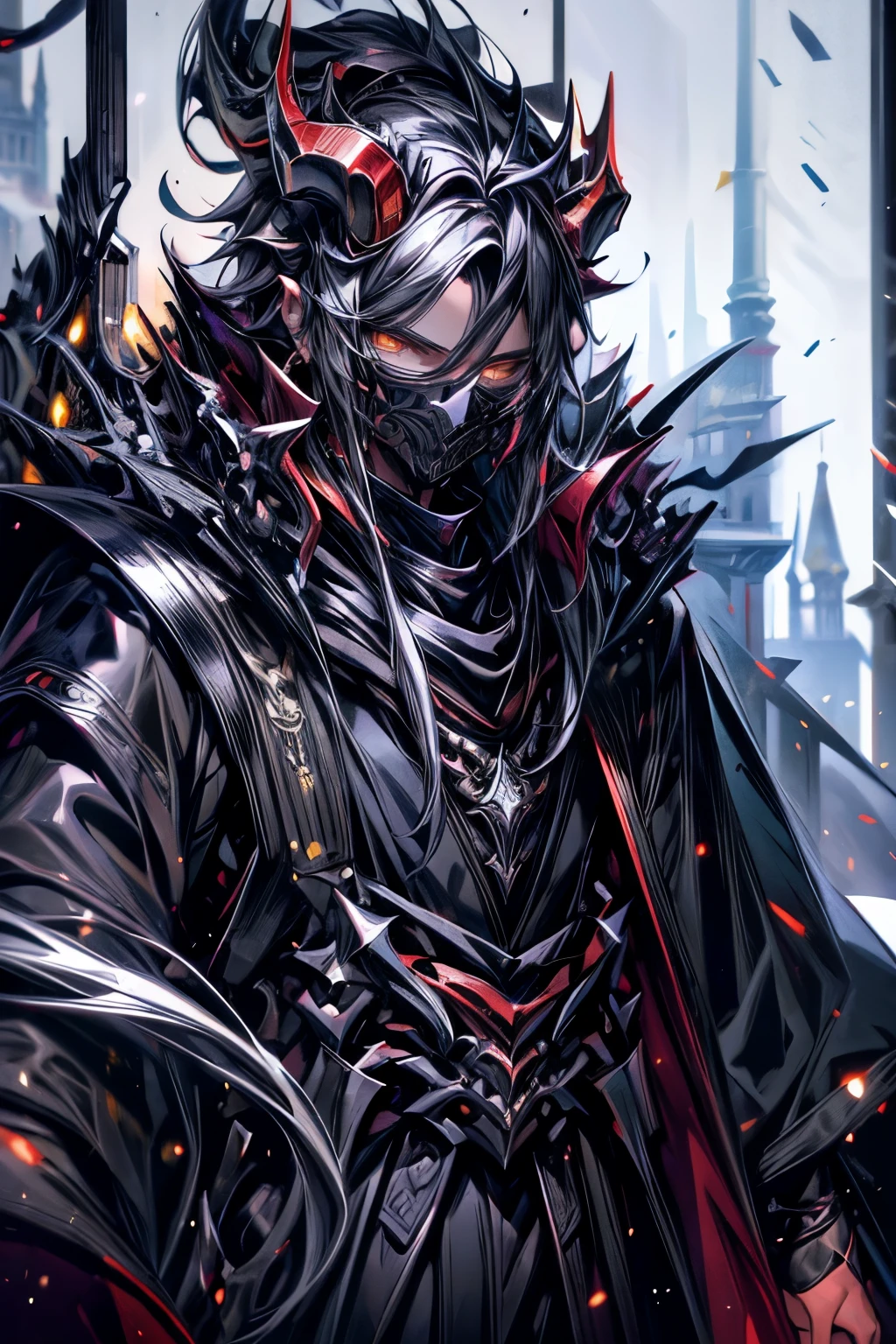 (masterpiece, best quality, perfect face, expressive eyes), 1boy, (male), (adult), (anime). intricate details, silver coronet, silver pauldrons, black robes, black curved horns, red skin, yellow eyes, black hair, black mask,