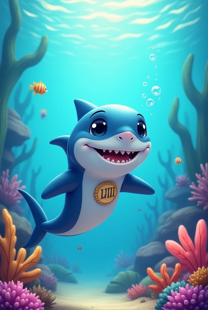 Create a pet shark with the symbol on its chest with the letters LXIII