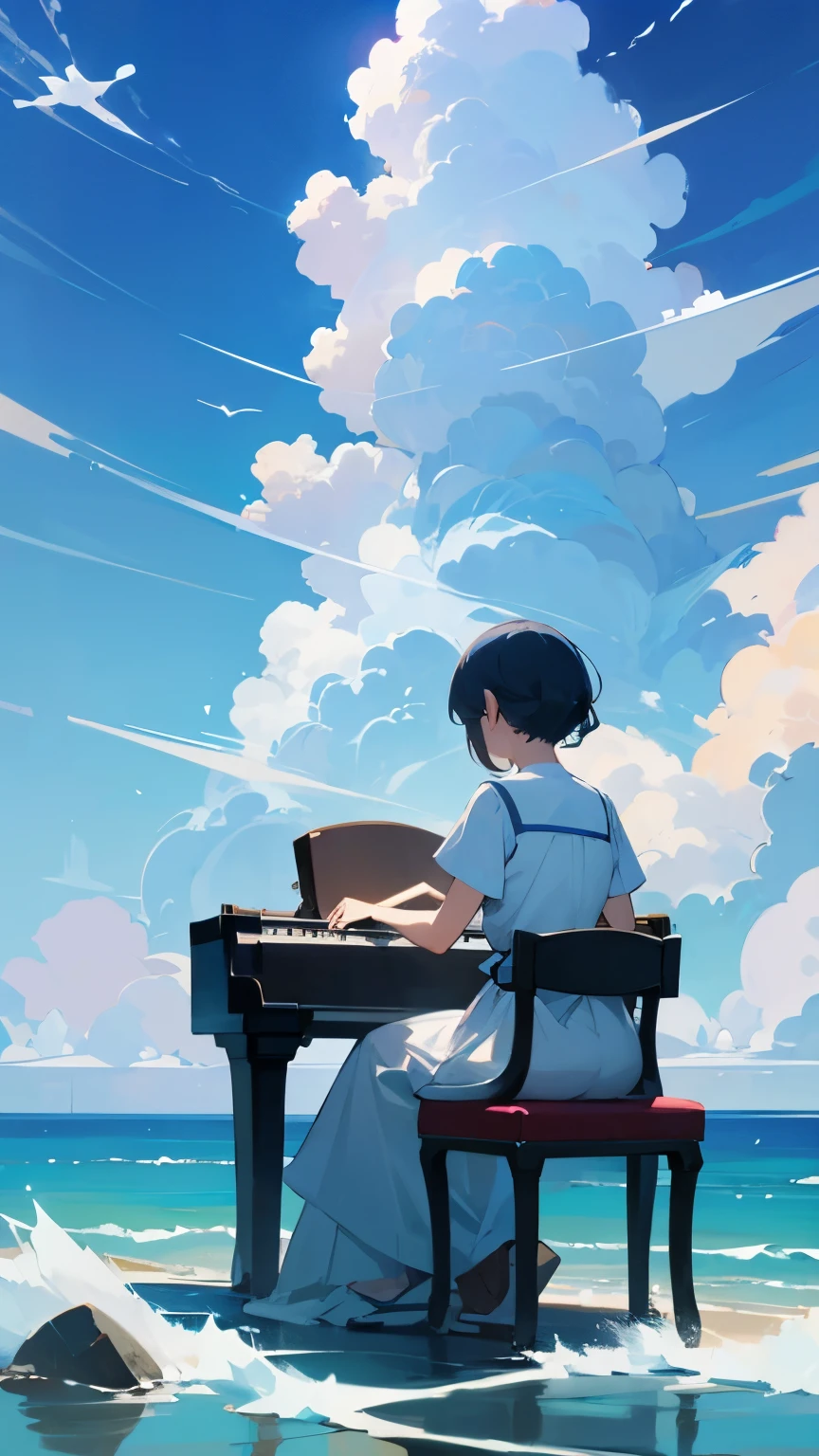 A woman playing piano with her back turned on the sea、blue sky、White cloud