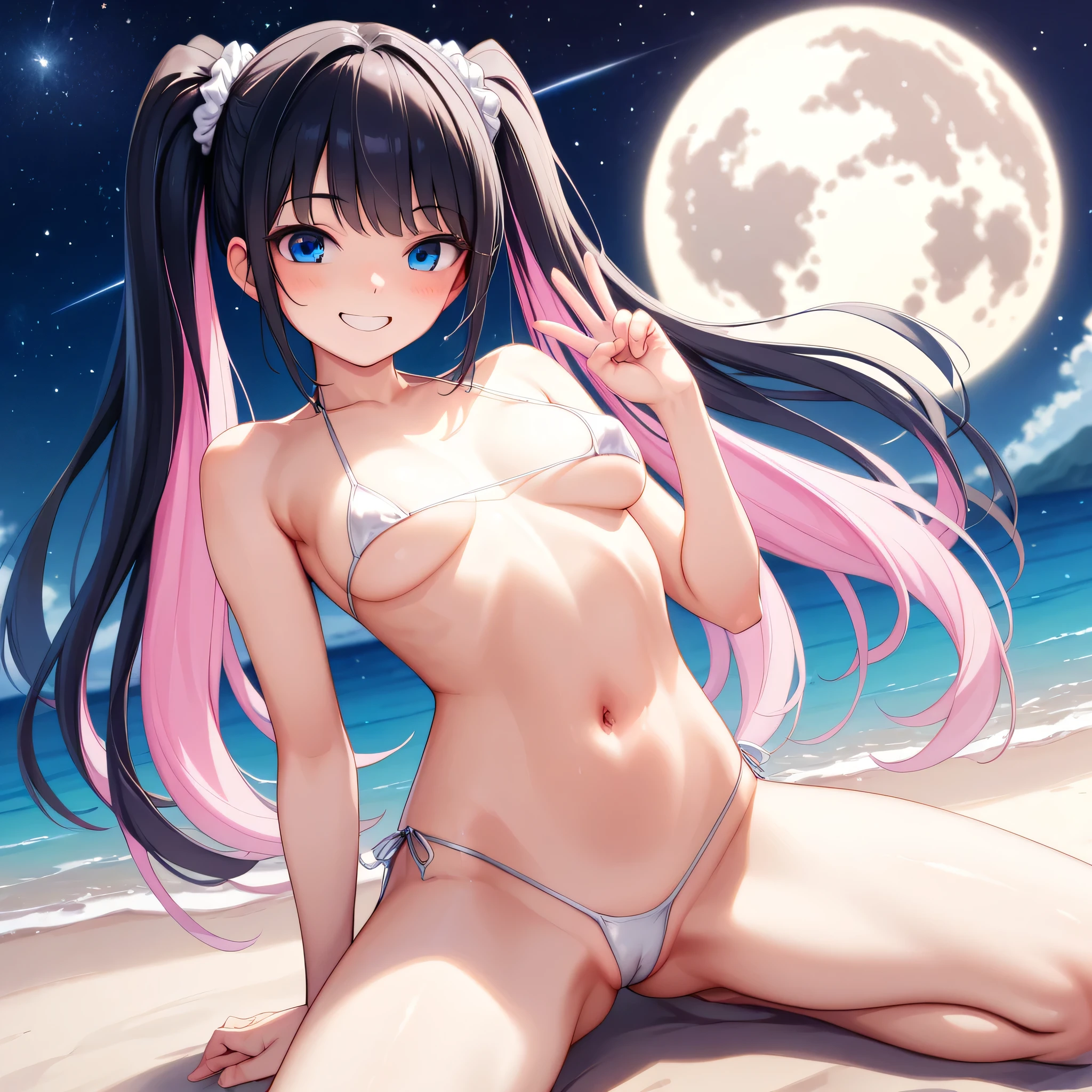 、moon、Starry Sky、firework、Ocean、Sandy Beach、(Realistic Shadows)Straight、breast focus、Twin tails、White scrunchie、Long Hair、(Inner hair color　Black Hair + Pink inner hair)、blue eyes、、Medium chest、Stylish pose、smile、Good wink(Drunk:1.2)Head tilted skinny　、Slim waist、 White Micro Bikini
