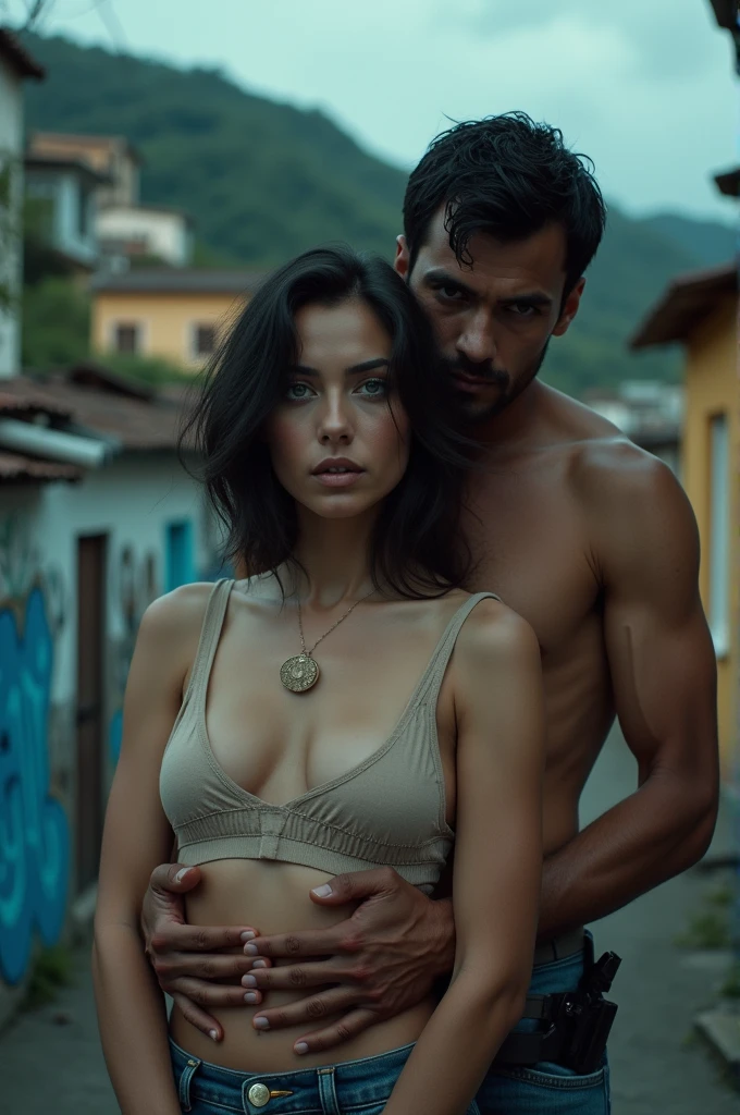 fund : favela
A couple is in the front and the guy is behind. One of his hands is on her neck and the other hand is going to have a gun. The guy has black hair. She has medium-length hair. She has light green eyes. He has dark green eyes. Both of them have white skin tones.