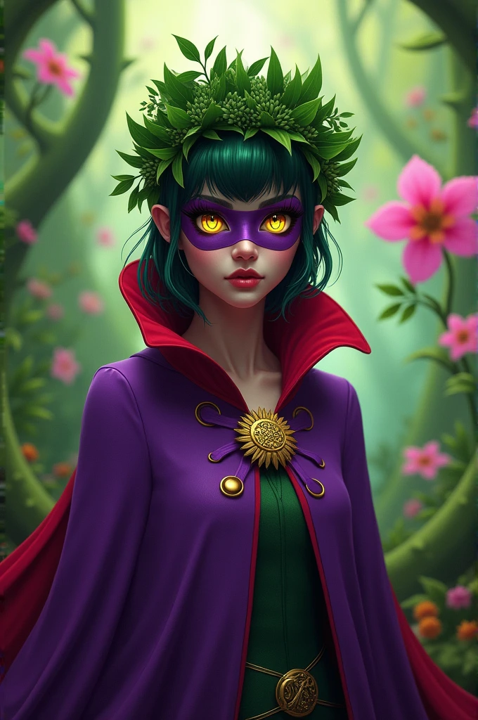 Green Shadow is a pea shooter with a purple cape (Red on the inside) with a golden insignia with a leaf and a purple mask, has a leaf that makes her look like bangs and yellow eyes, with black pupils and eyelashes. Sexy human version