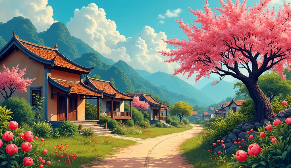 a drawing of Vietnames village, in the style of m.w. kaluta, psychadelic, david brayne, lasar segall, realist detail, young british artists (ybas), playful coloration, rough stroke, bold, with Vietnamese peach blossom small tree