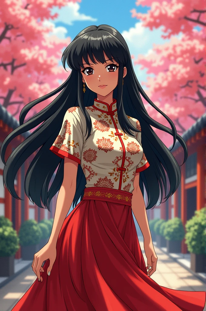 Ranma 1/2 comics
A woman with long black hair, dark brown eyes, White skin, a Chinese shirt and a skirt,with bangs and in the style of Rumiko Takahashi