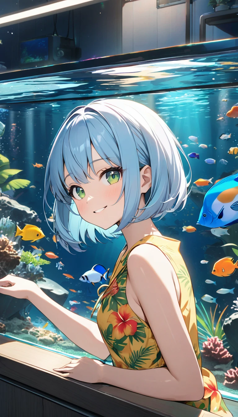 Highest quality、Light blue hair、Short Bob、Deep green eyes、Small breasts,25 years old,yellow aloha shirt、Neon tetras and tropical fish in an aquarium、Looking at me from the other side of the tank、smile