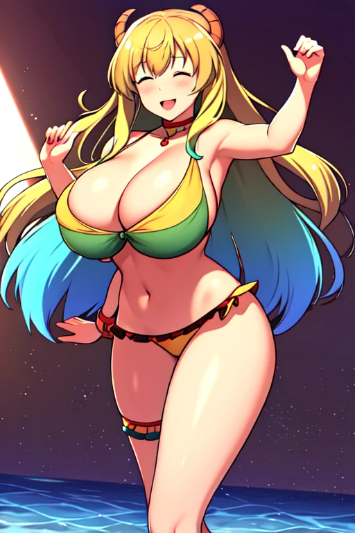 masterpiece, best quality, beautiful art, high resolution, well formed hands, body and fingers, 1 woman, solo, Lucoa, 31 years old, grown up, arabian belly dancer, adult, large and round breasted, cleavage, hair ribbon, full body, sexy and skimpy arabian belly dancer outfit, wearing a Mata Hari outfit, mata_hari_cosplay, gorgeous legs and thighs , dancing seductively and erotically, turning backwards and forwards, showing her back and front, shaking her body, bikini thong, smiling joyfully, looking at the viewer, flirting, beach environment 