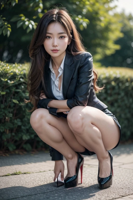 whole body, Highest quality, Realistic, Very detailed, finely, High resolution, 8k wallpaper, 1. Beautiful woman,, light brown, Long Hair, Wear a business suit, Sharp focus, Perfect dynamic composition, Beautiful and detailed, Thin Hair, Detailed Realistic skin texture, smile, whole bodyポートレート, Model body type,Small breasts、Six-pack、筋肉質で長くBeautiful legs、Beautiful feet、Super mini tight skirt、at the park、Stand with your legs apart、Cross your arms、thin black pantyhose、Wearing Louboutin high heels、I can see the toes of her high heels、Perfect Style、Perfect long legs、Beautiful legs、healthy and long legs、Poses that accentuate the legs、Perfect composition,