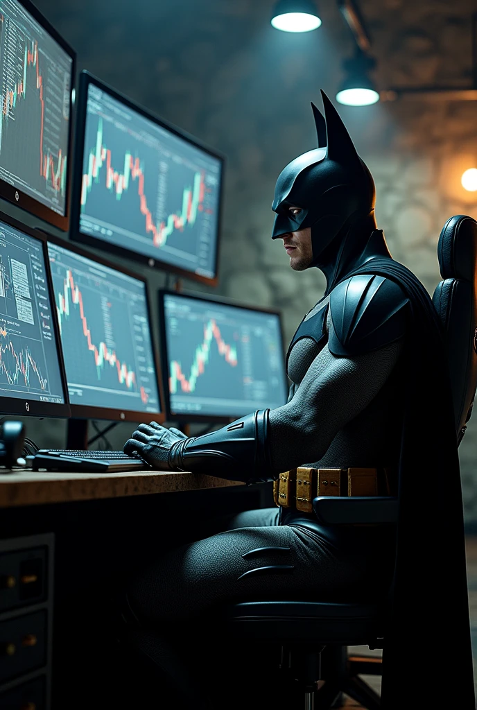 Make a realistic side image. In this image, put Batman from the Arkham Knight game sitting in front of the many giant, modern monitors that are in the Batcave. It's possible to see your face. Place on the screen of these monitors candles from the financial market along with Weiss Wave volume indicators on very large screens