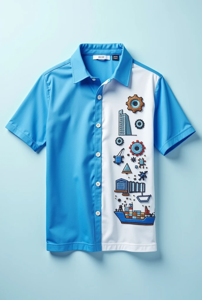 A blue and white collared sports shirt with small images on the right side: 1 gear, 1 building, 1 robot, 2 shipping, 1 rubber processing.