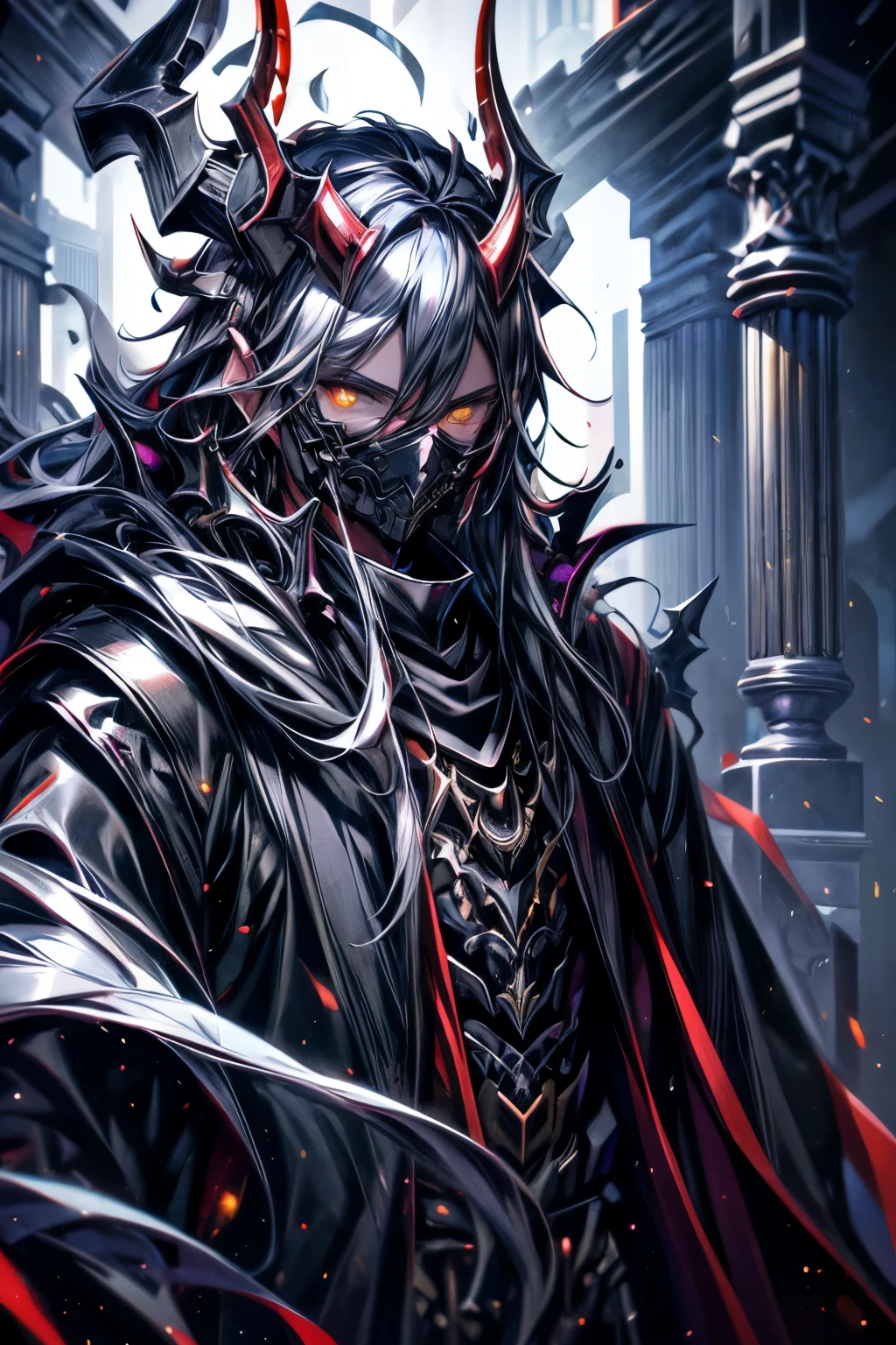(masterpiece, best quality, perfect face, expressive eyes), 1boy, (male), (adult), (anime). intricate details, silver coronet, silver pauldrons, black robes, black curved horns, red skin, yellow eyes, black hair, black mask,